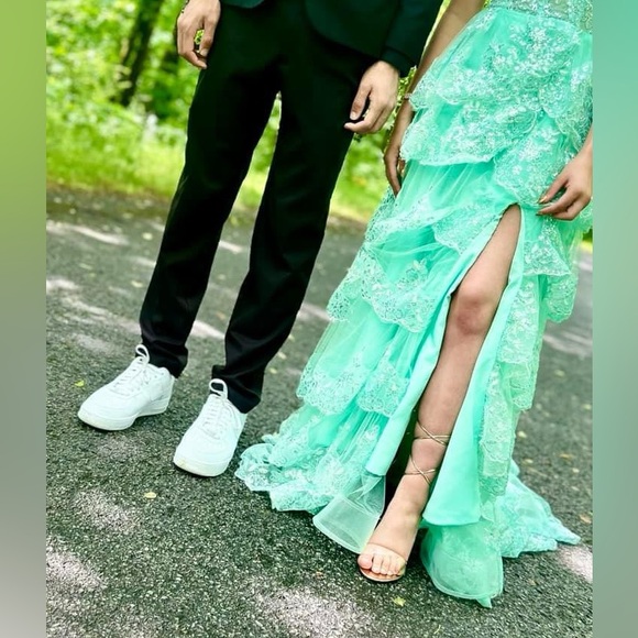 Glitter Tiered Tulle Lace Prom Dress Long Spaghetti Straps Formal Evening Gown - Picture 6 of 8